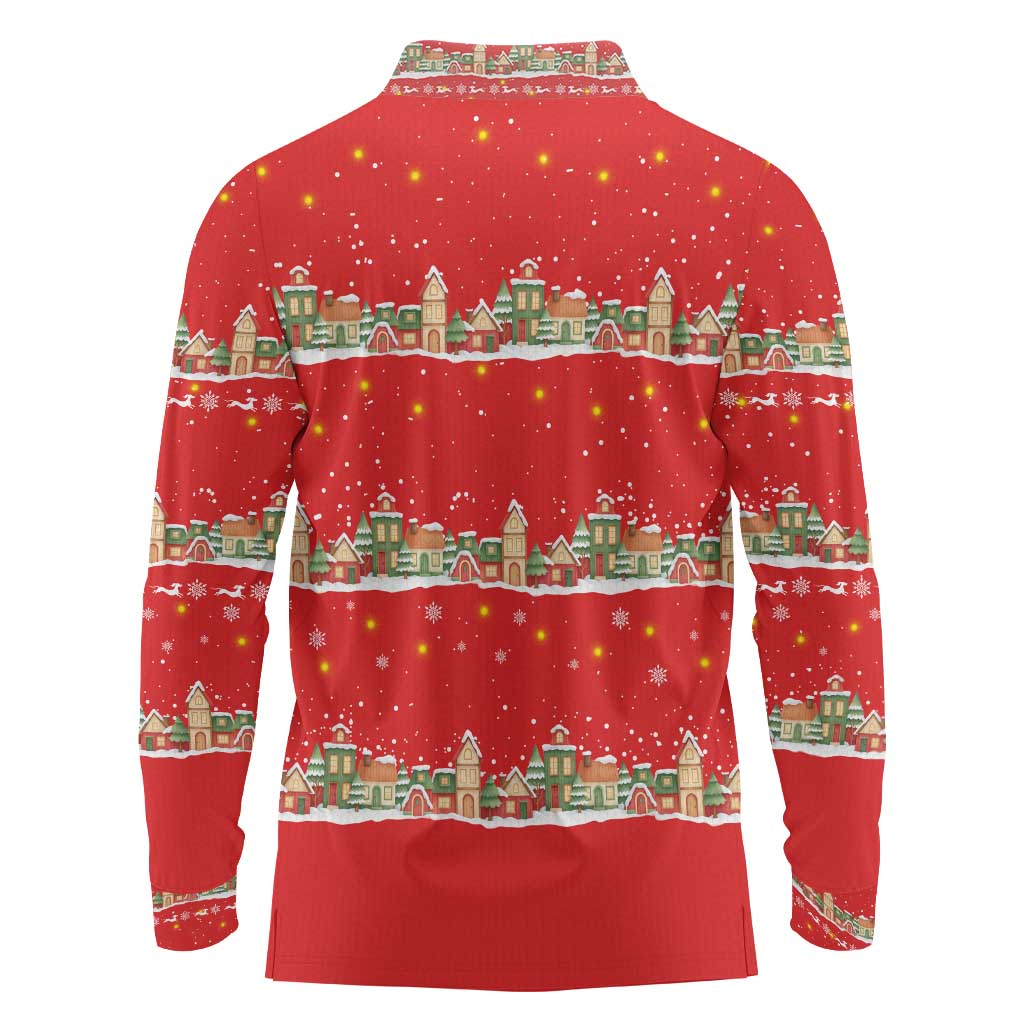 Funny Dachshund Dog Light Up Christmas Long Sleeve Polo Shirt Snowy Village Red Holiday Design - Wonder Print Shop