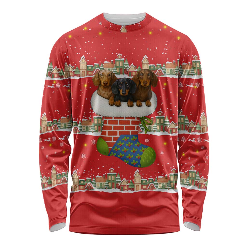 Funny Dachshund Dog Light Up Christmas Long Sleeve Shirt Snowy Village Red Holiday Design - Wonder Print Shop