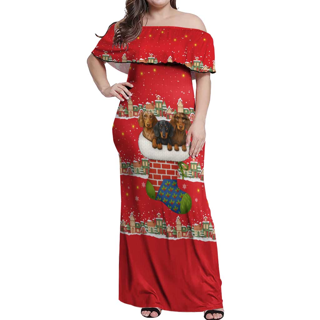Funny Dachshund Dog Light Up Christmas Off Shoulder Maxi Dress Snowy Village Red Holiday Design - Wonder Print Shop