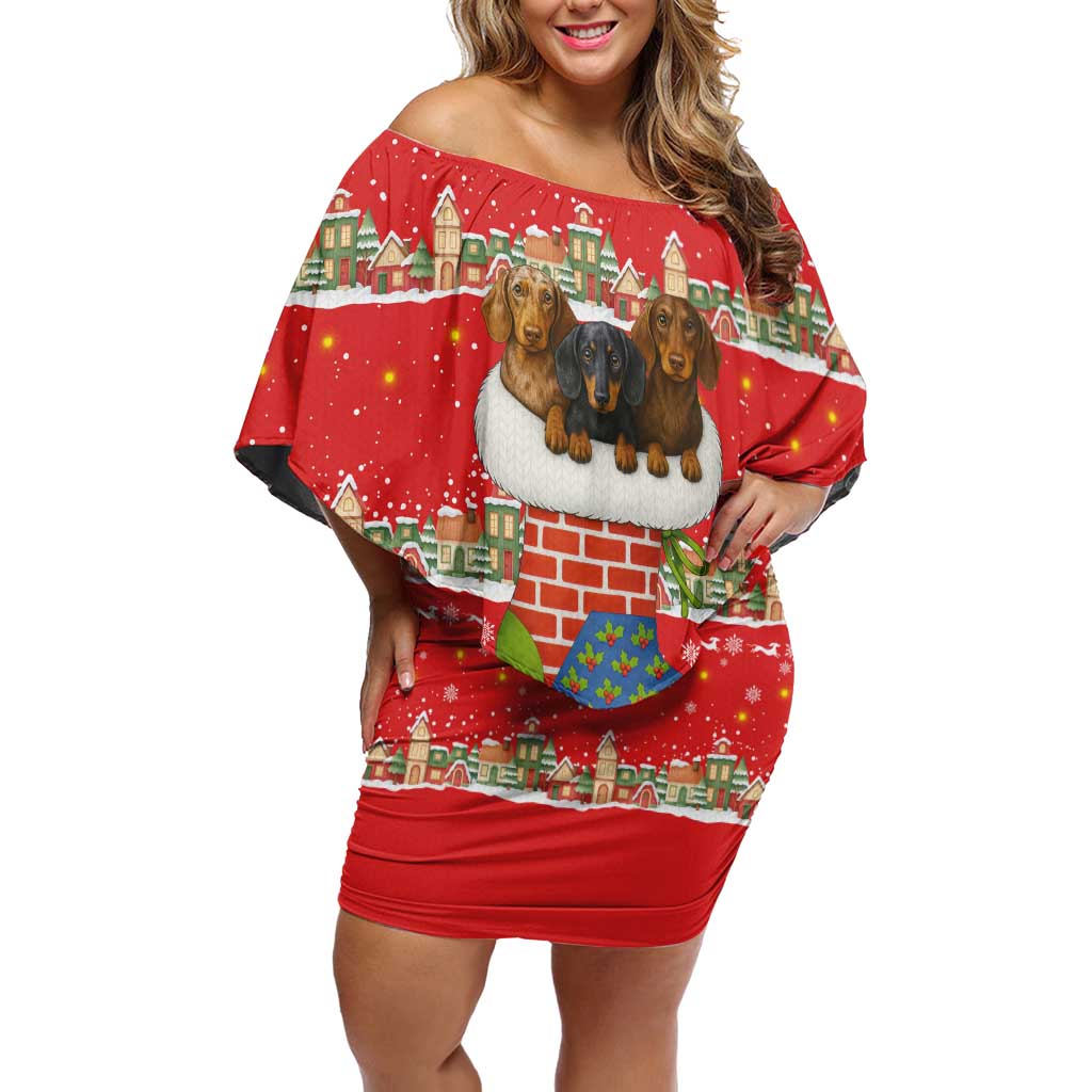 Funny Dachshund Dog Light Up Christmas Off Shoulder Short Dress Snowy Village Red Holiday Design - Wonder Print Shop