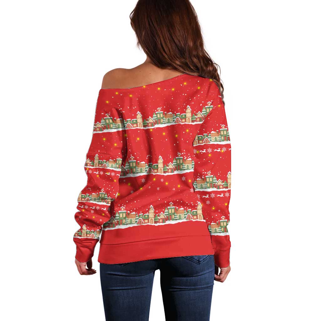 Funny Dachshund Dog Light Up Christmas Off Shoulder Sweater Snowy Village Red Holiday Design - Wonder Print Shop