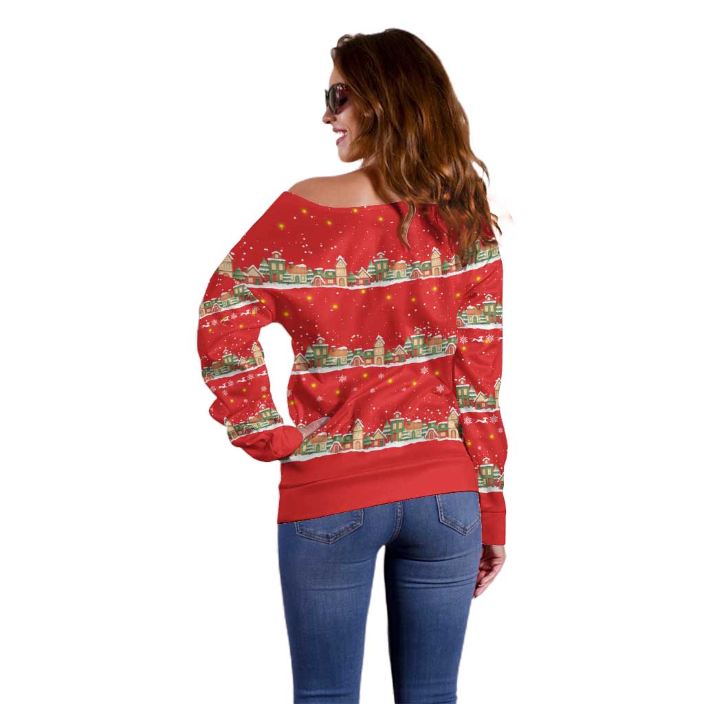 Funny Dachshund Dog Light Up Christmas Off Shoulder Sweater Snowy Village Red Holiday Design - Wonder Print Shop