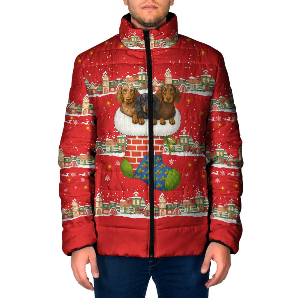 Funny Dachshund Dog Light Up Christmas Padded Jacket Snowy Village Red Holiday Design - Wonder Print Shop