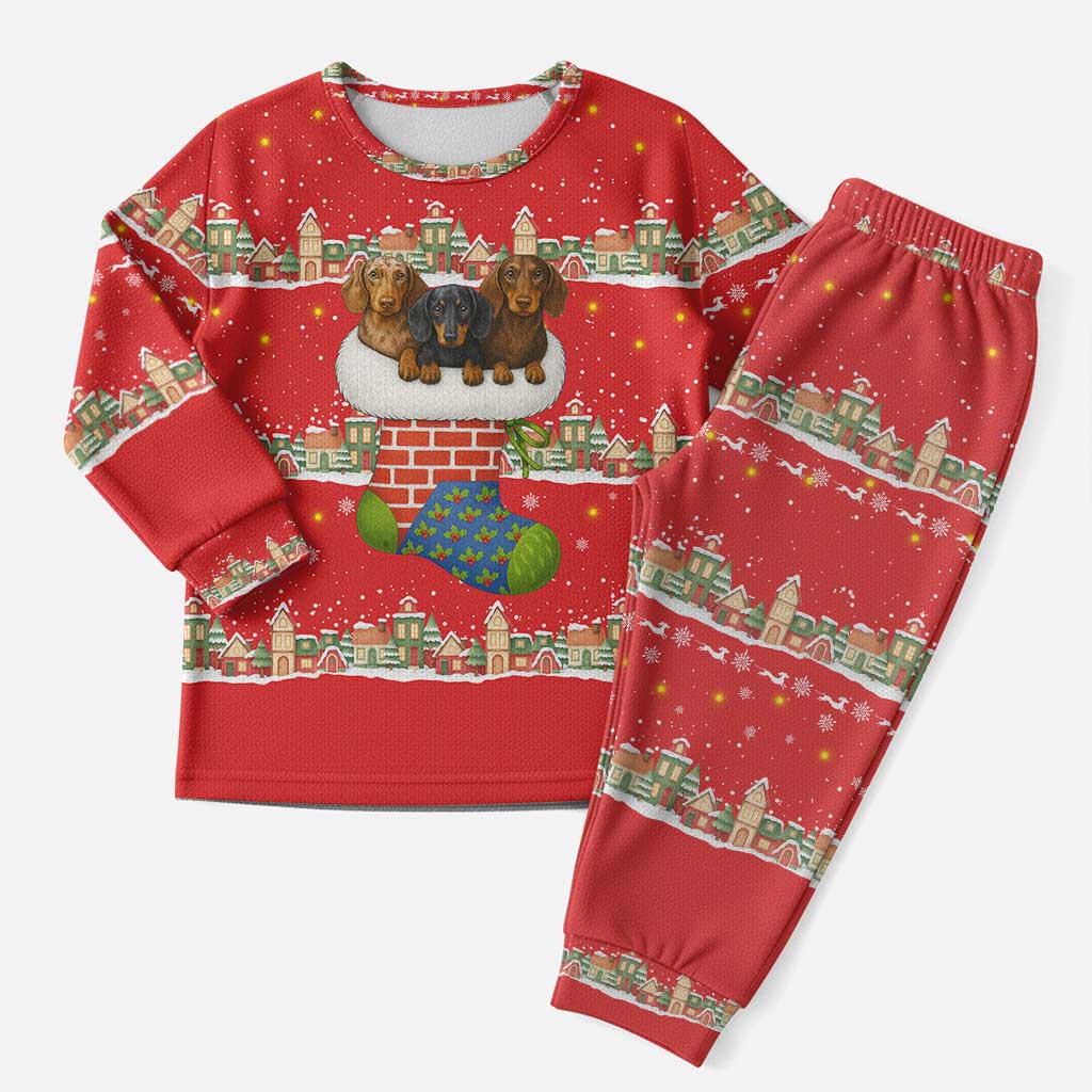Funny Dachshund Dog Light Up Christmas Pajama Set Snowy Village Red Holiday Design - Wonder Print Shop