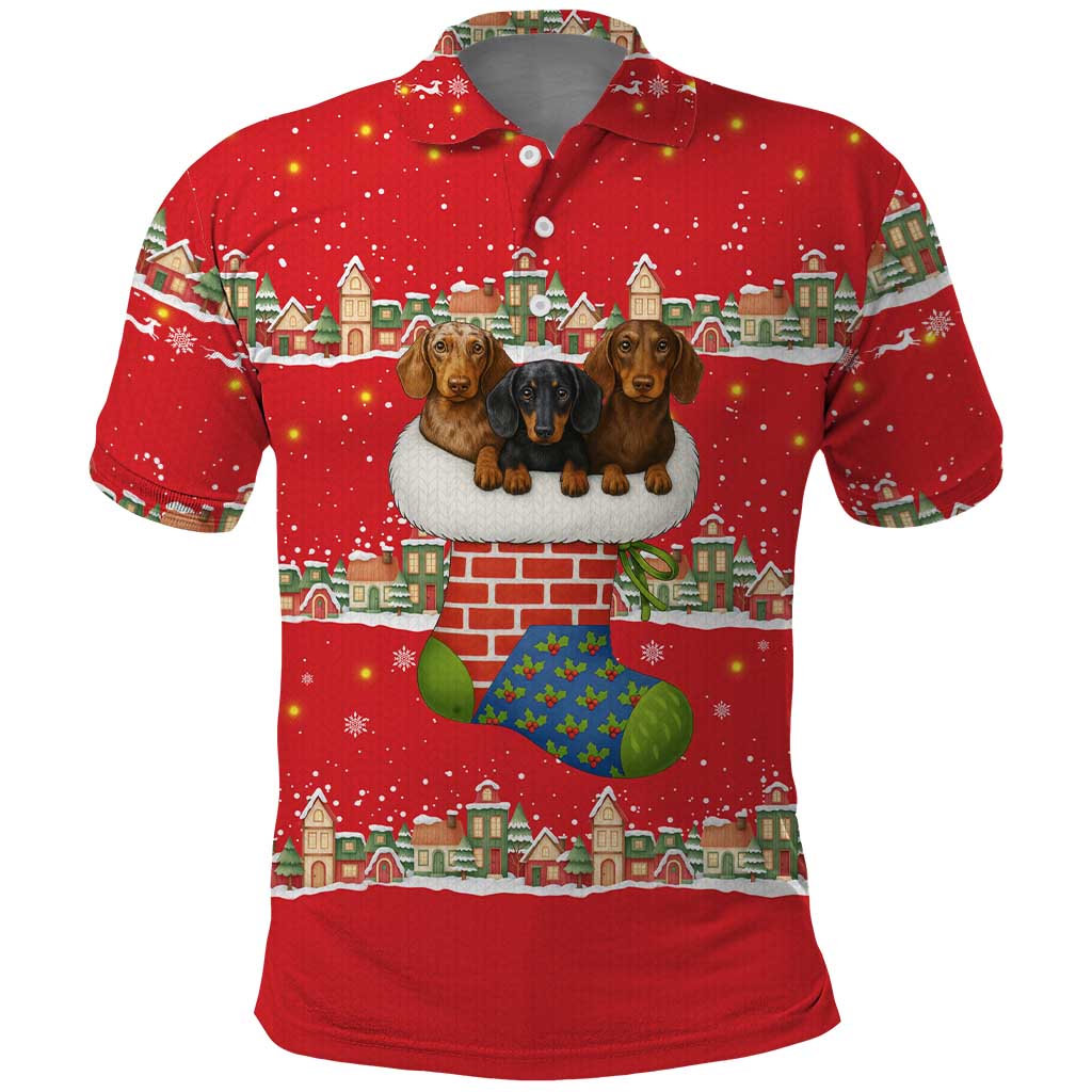 Funny Dachshund Dog Light Up Christmas Polo Shirt Snowy Village Red Holiday Design - Wonder Print Shop