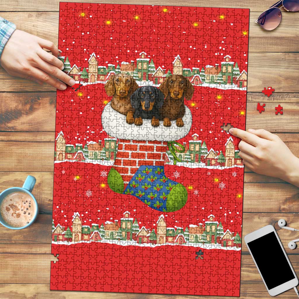 Funny Dachshund Dog Light Up Christmas Puzzle Snowy Village Red Holiday Design - Wonder Print Shop