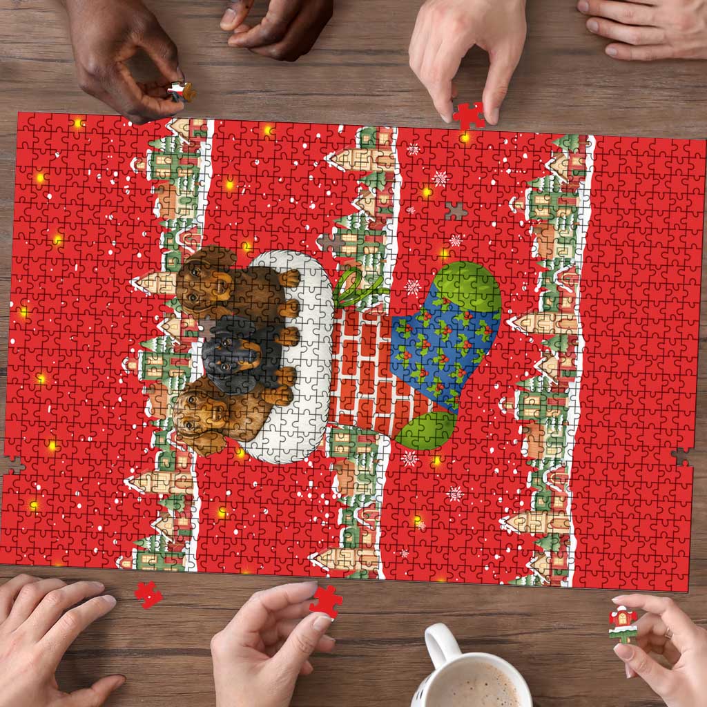 Funny Dachshund Dog Light Up Christmas Puzzle Snowy Village Red Holiday Design - Wonder Print Shop