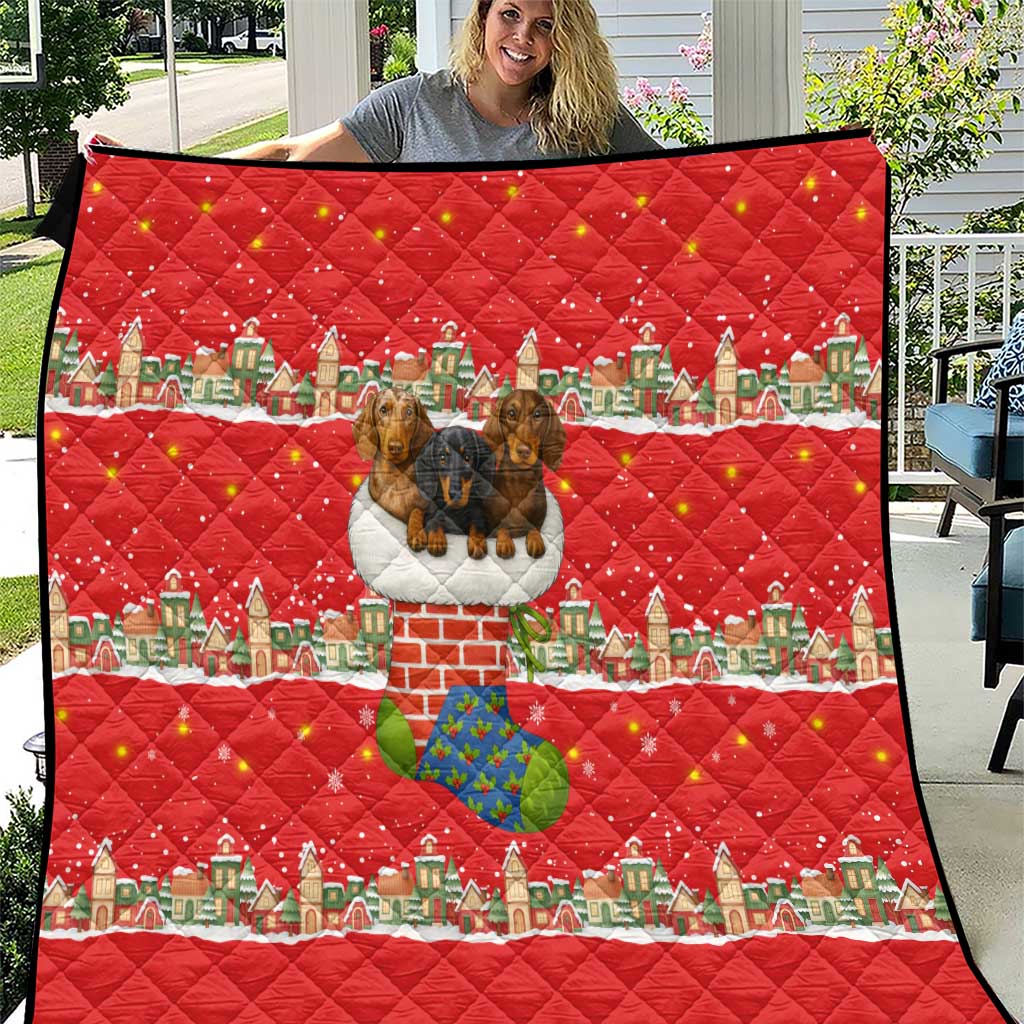 Funny Dachshund Dog Light Up Christmas Quilt Snowy Village Red Holiday Design - Wonder Print Shop