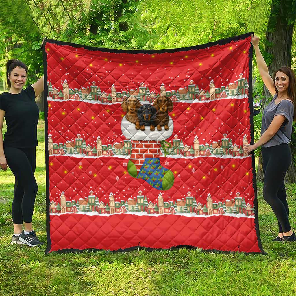 Funny Dachshund Dog Light Up Christmas Quilt Snowy Village Red Holiday Design - Wonder Print Shop