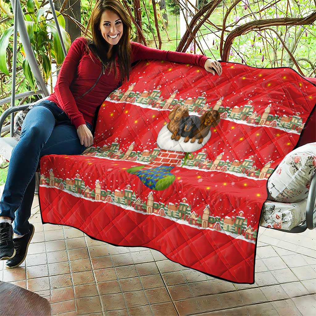 Funny Dachshund Dog Light Up Christmas Quilt Snowy Village Red Holiday Design - Wonder Print Shop