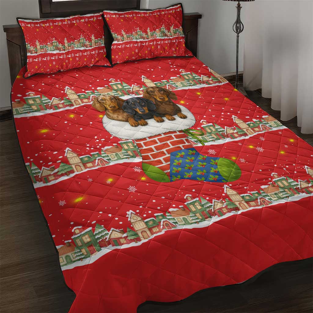 Funny Dachshund Dog Light Up Christmas Quilt Bed Set Snowy Village Red Holiday Design - Wonder Print Shop