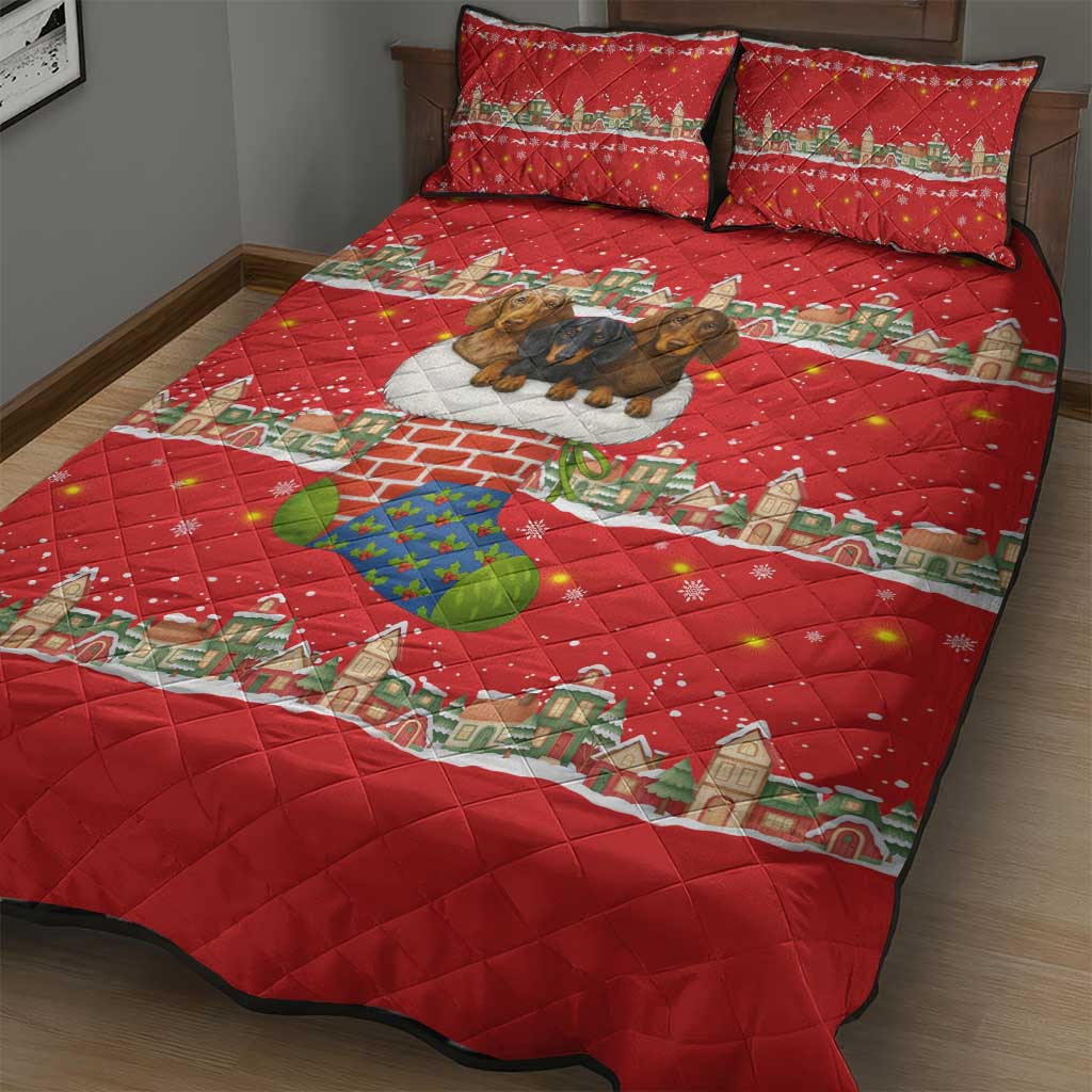 Funny Dachshund Dog Light Up Christmas Quilt Bed Set Snowy Village Red Holiday Design - Wonder Print Shop