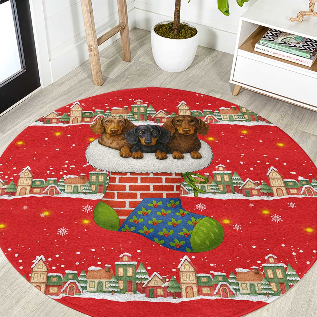 Funny Dachshund Dog Light Up Christmas Round Carpet Snowy Village Red Holiday Design - Wonder Print Shop