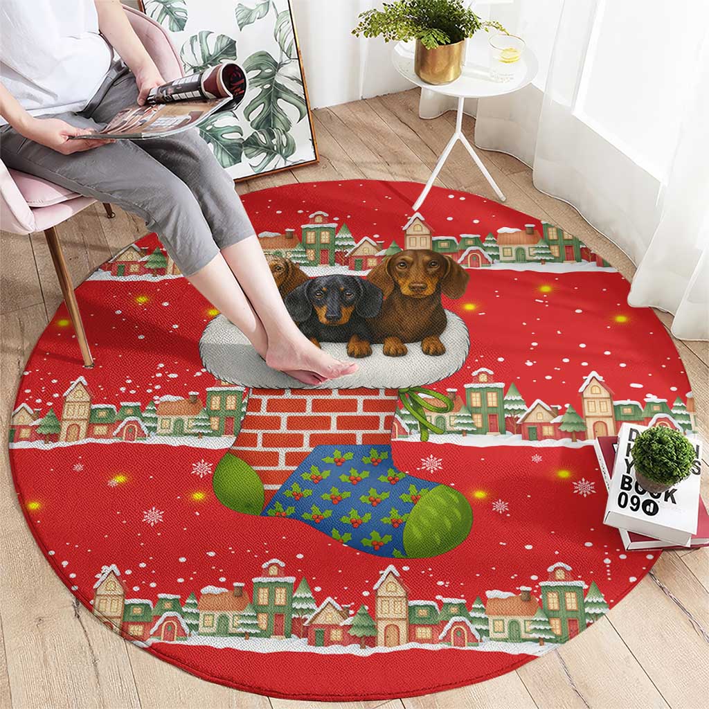 Funny Dachshund Dog Light Up Christmas Round Carpet Snowy Village Red Holiday Design - Wonder Print Shop