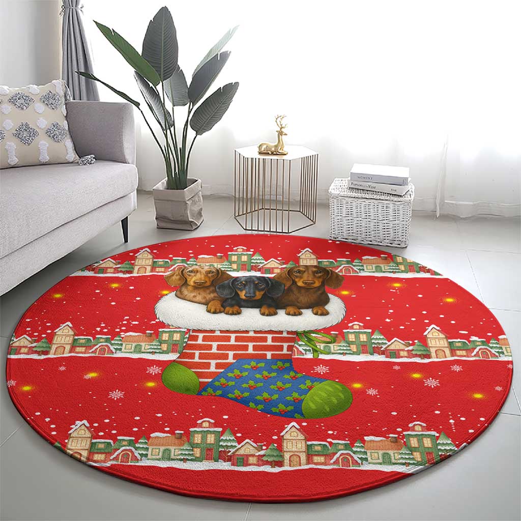 Funny Dachshund Dog Light Up Christmas Round Carpet Snowy Village Red Holiday Design - Wonder Print Shop