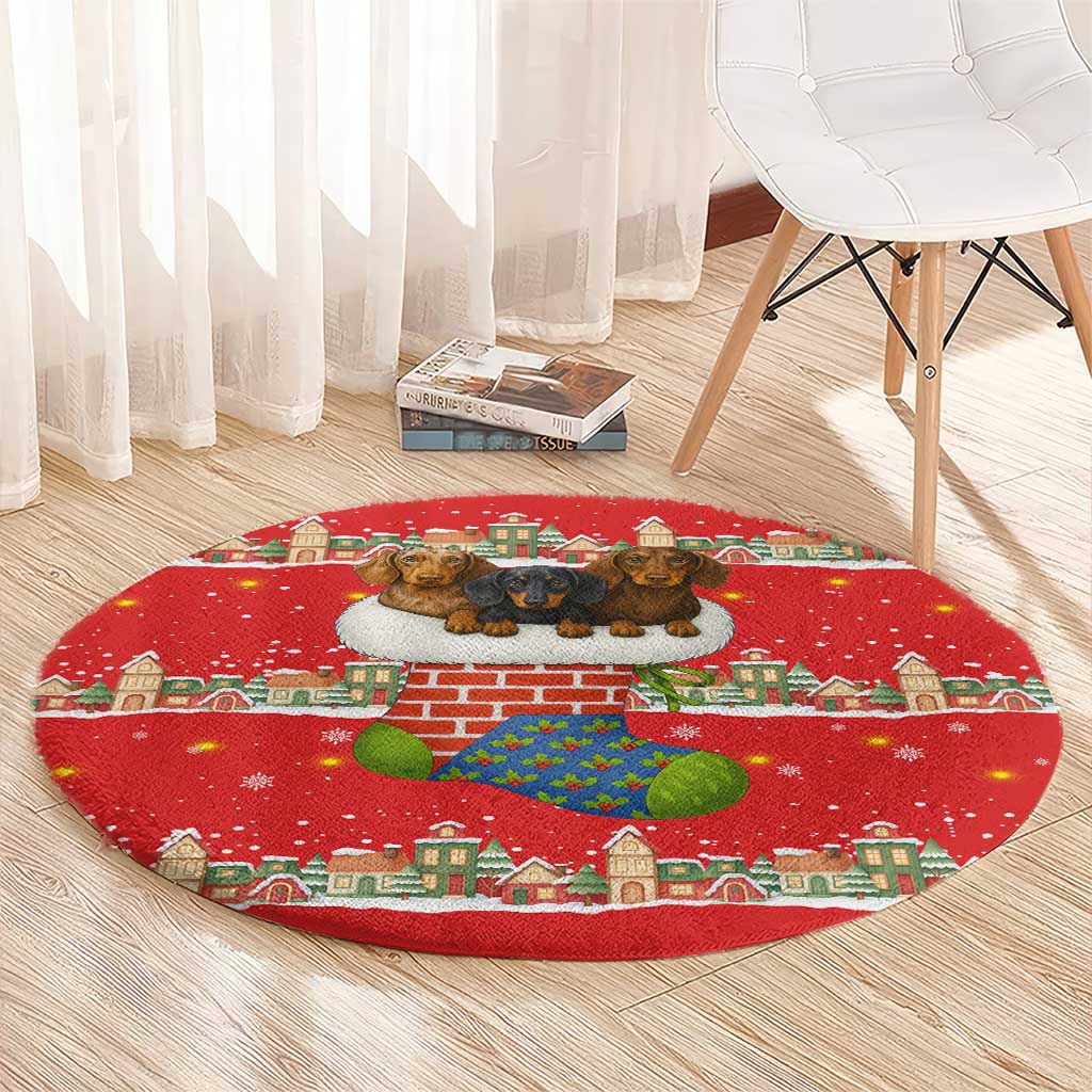 Funny Dachshund Dog Light Up Christmas Round Carpet Snowy Village Red Holiday Design - Wonder Print Shop
