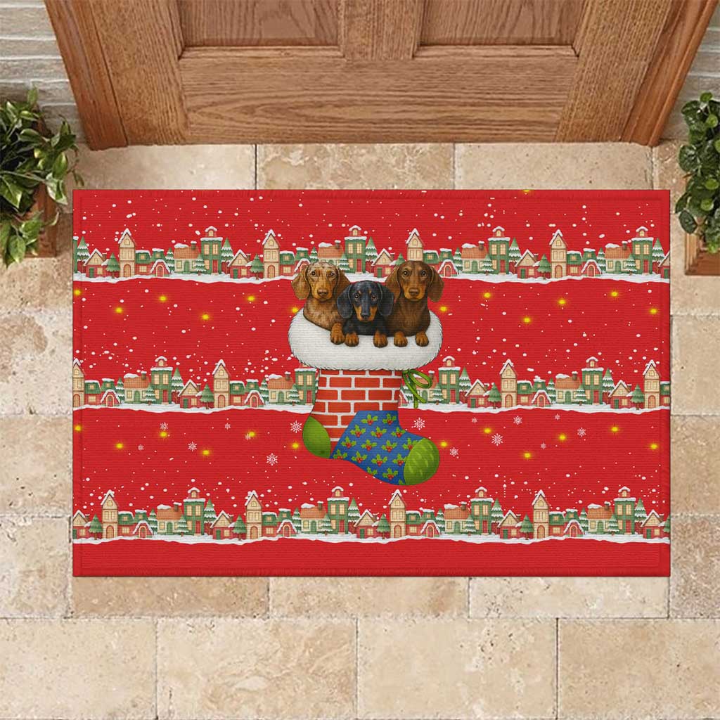 Funny Dachshund Dog Light Up Christmas Rubber Doormat Snowy Village Red Holiday Design - Wonder Print Shop