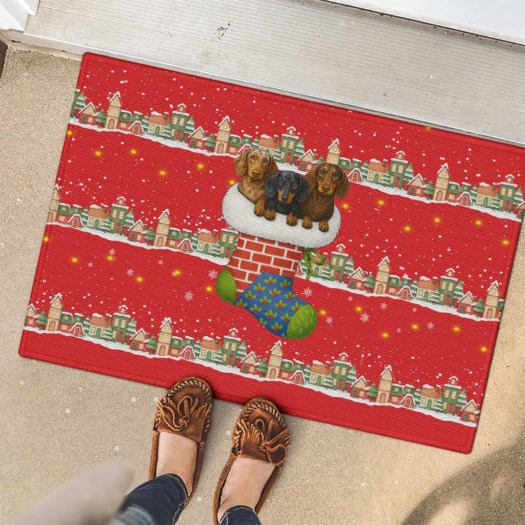 Funny Dachshund Dog Light Up Christmas Rubber Doormat Snowy Village Red Holiday Design - Wonder Print Shop