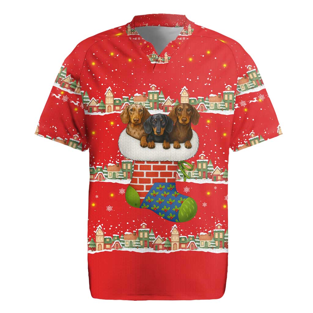 Funny Dachshund Dog Light Up Christmas Rugby Jersey Snowy Village Red Holiday Design - Wonder Print Shop