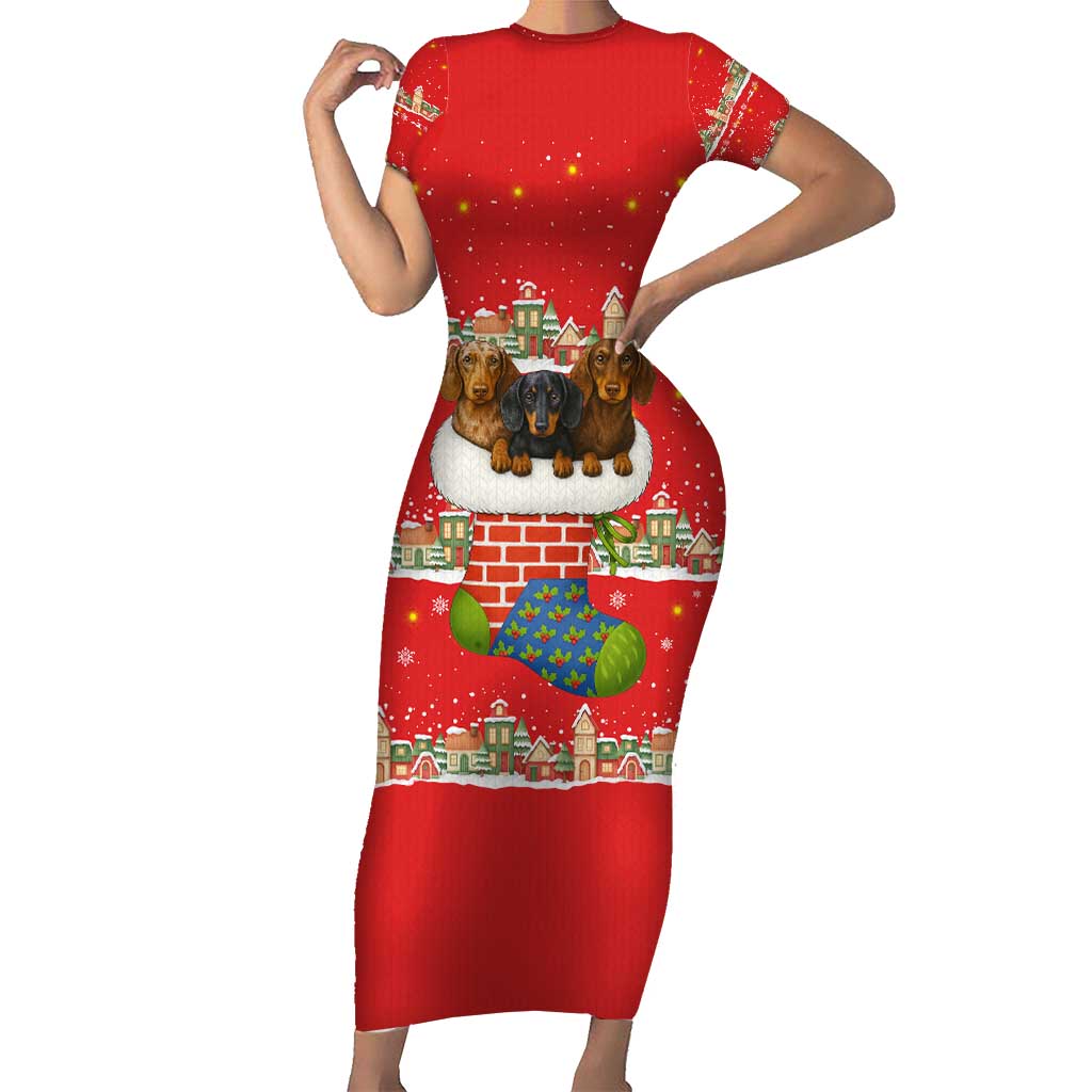 Funny Dachshund Dog Light Up Christmas Short Sleeve Bodycon Dress Snowy Village Red Holiday Design - Wonder Print Shop