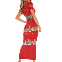 Funny Dachshund Dog Light Up Christmas Short Sleeve Bodycon Dress Snowy Village Red Holiday Design - Wonder Print Shop