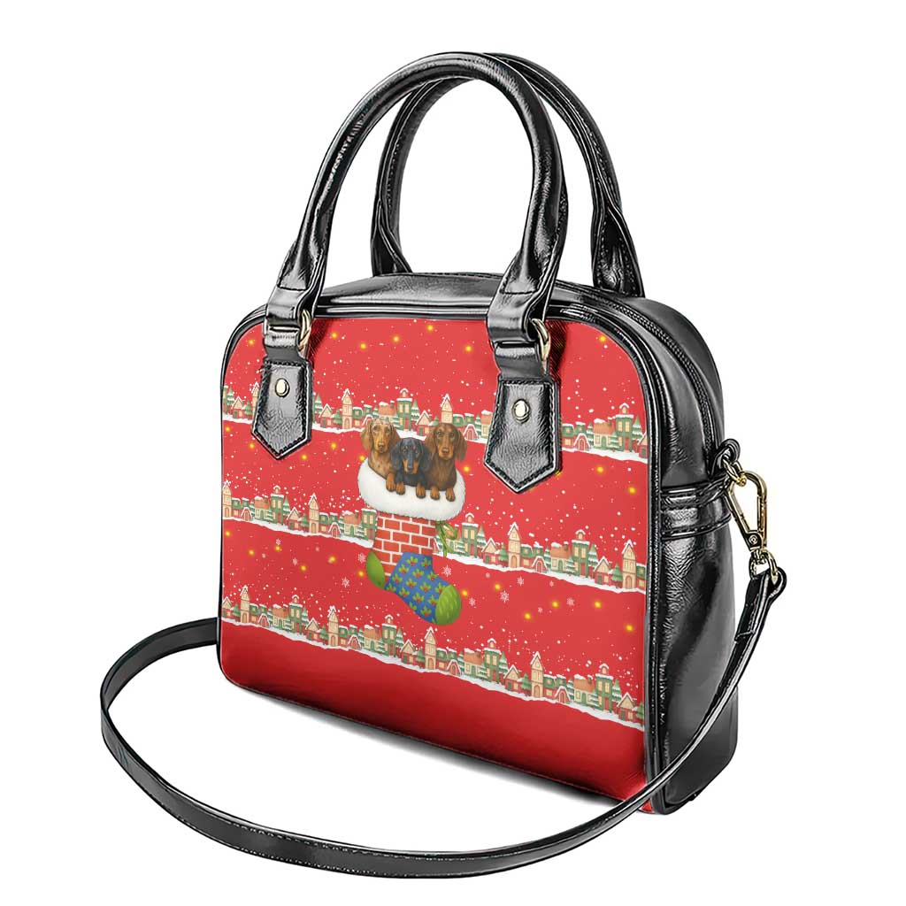 Funny Dachshund Dog Light Up Christmas Shoulder Handbag Snowy Village Red Holiday Design - Wonder Print Shop