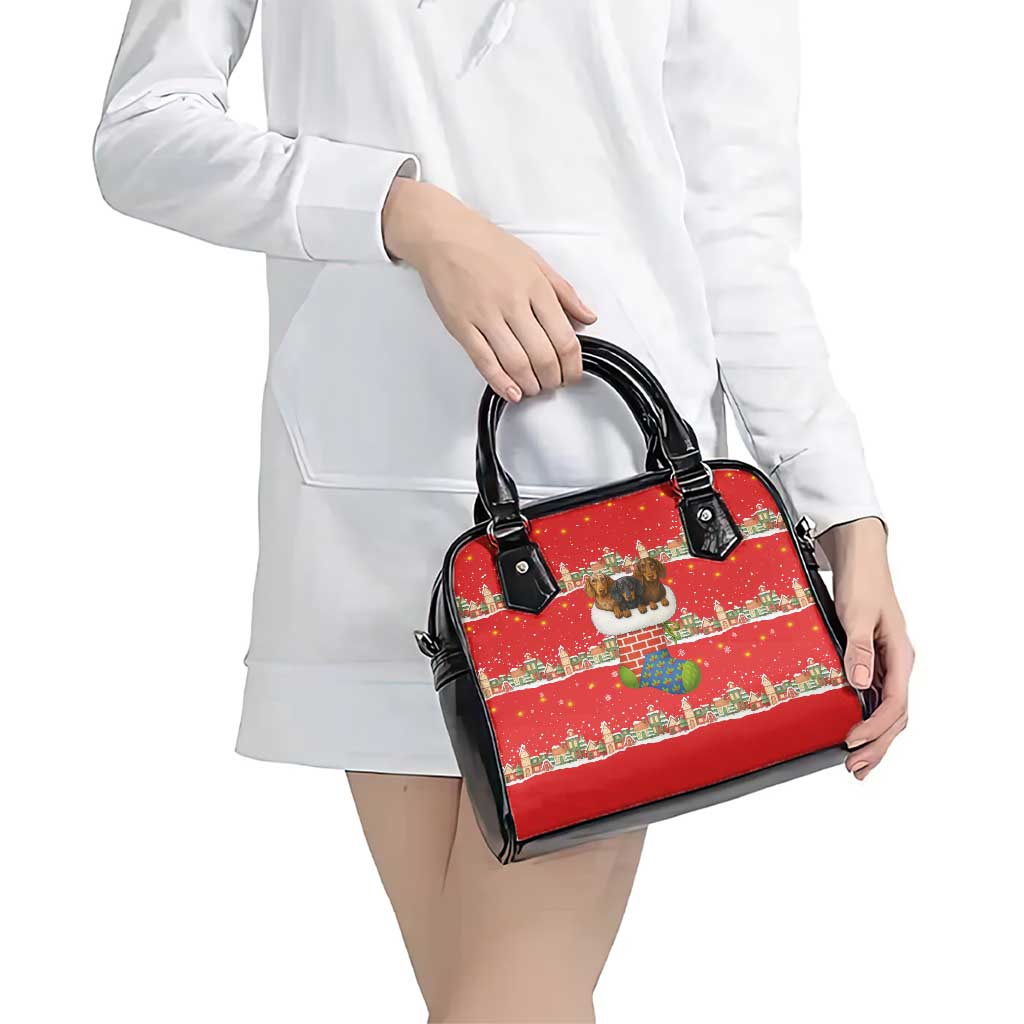 Funny Dachshund Dog Light Up Christmas Shoulder Handbag Snowy Village Red Holiday Design - Wonder Print Shop
