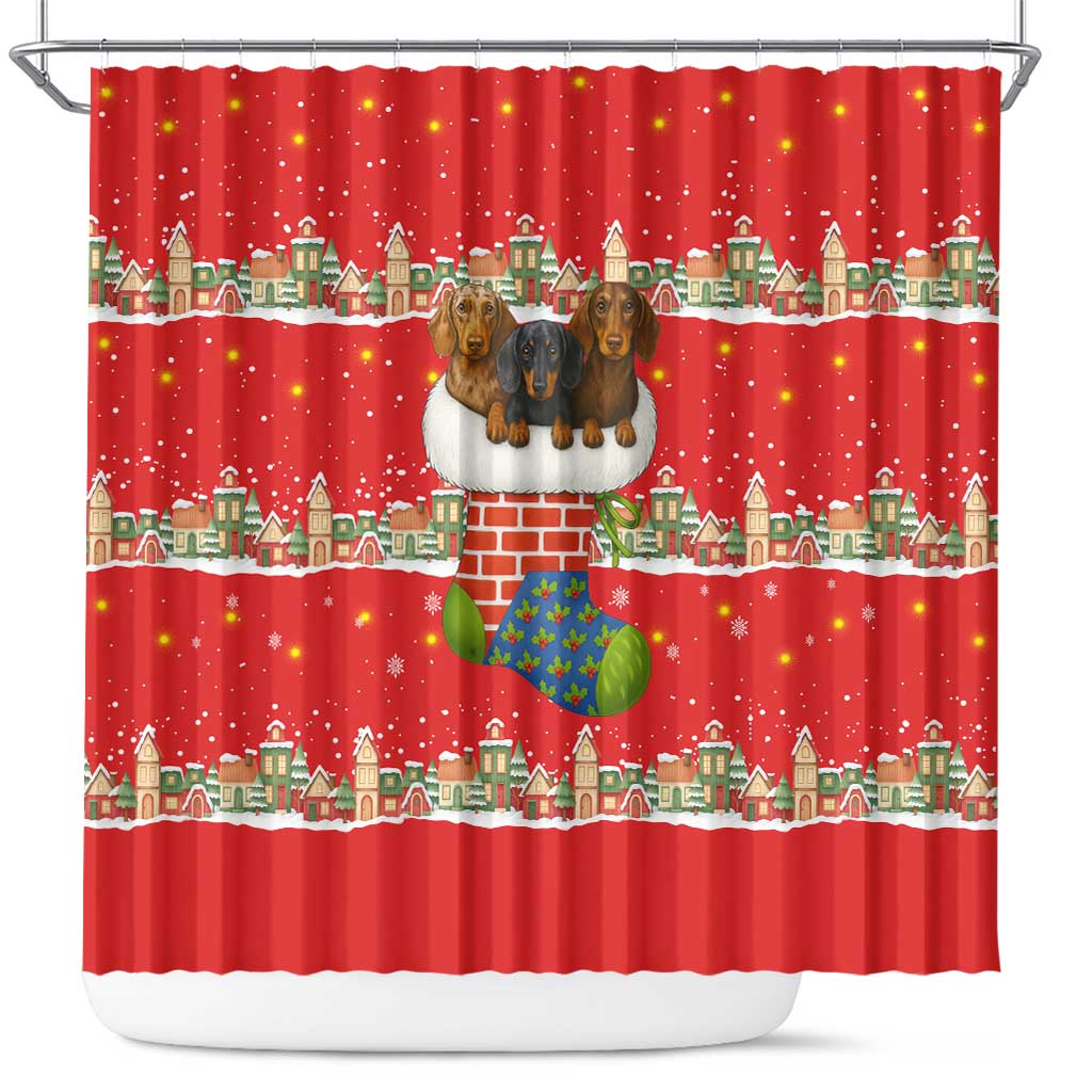 Funny Dachshund Dog Light Up Christmas Shower Curtain Snowy Village Red Holiday Design - Wonder Print Shop
