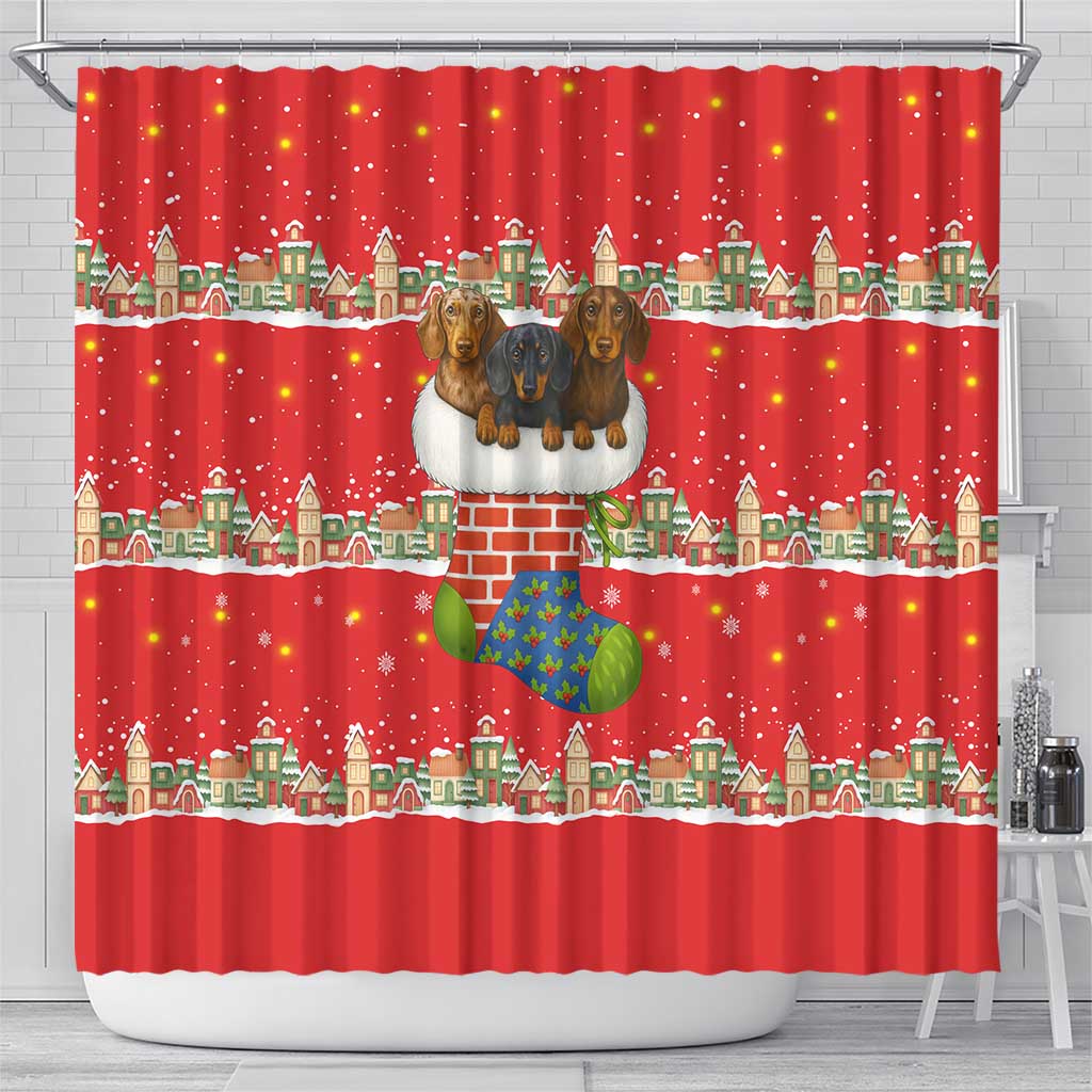 Funny Dachshund Dog Light Up Christmas Shower Curtain Snowy Village Red Holiday Design - Wonder Print Shop