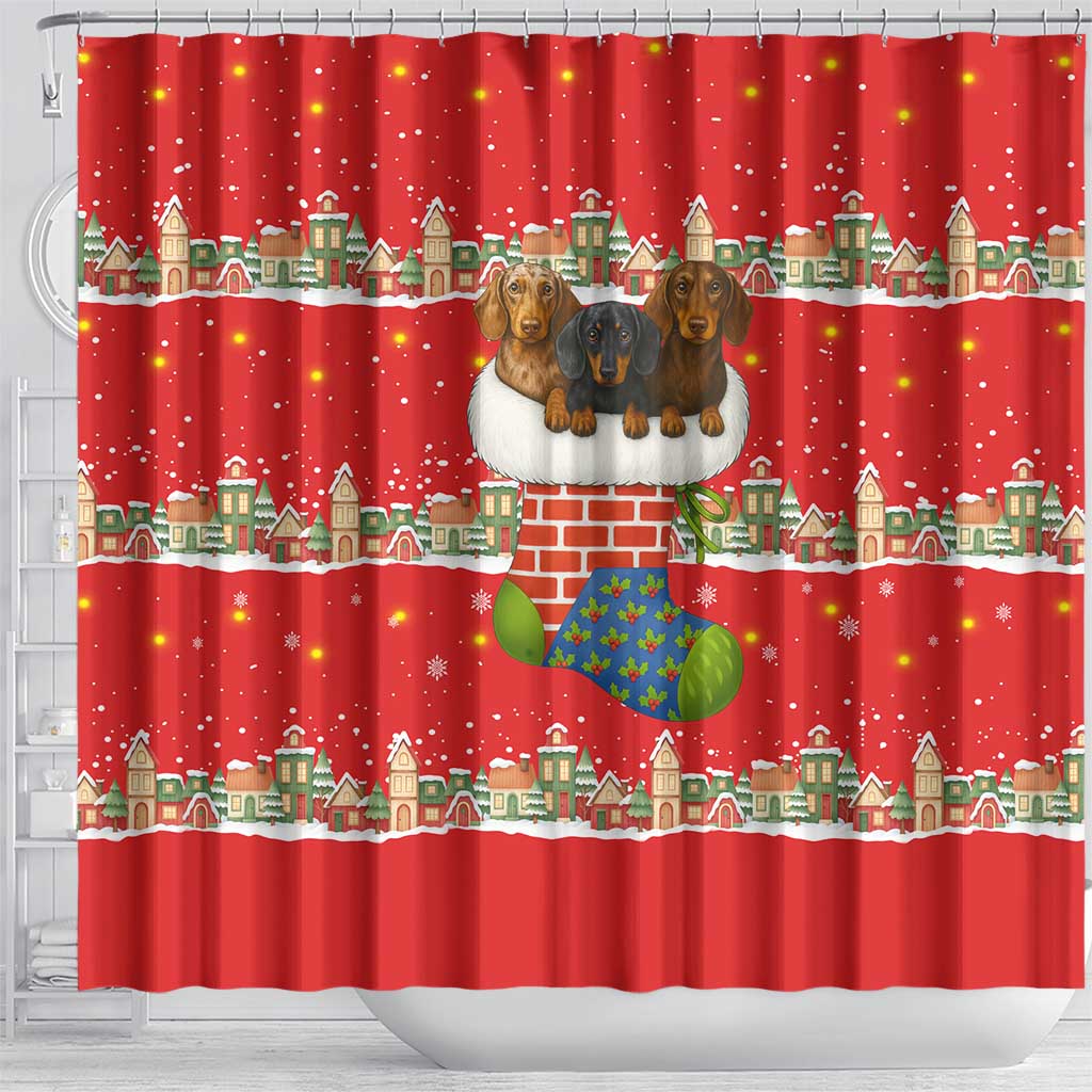Funny Dachshund Dog Light Up Christmas Shower Curtain Snowy Village Red Holiday Design - Wonder Print Shop