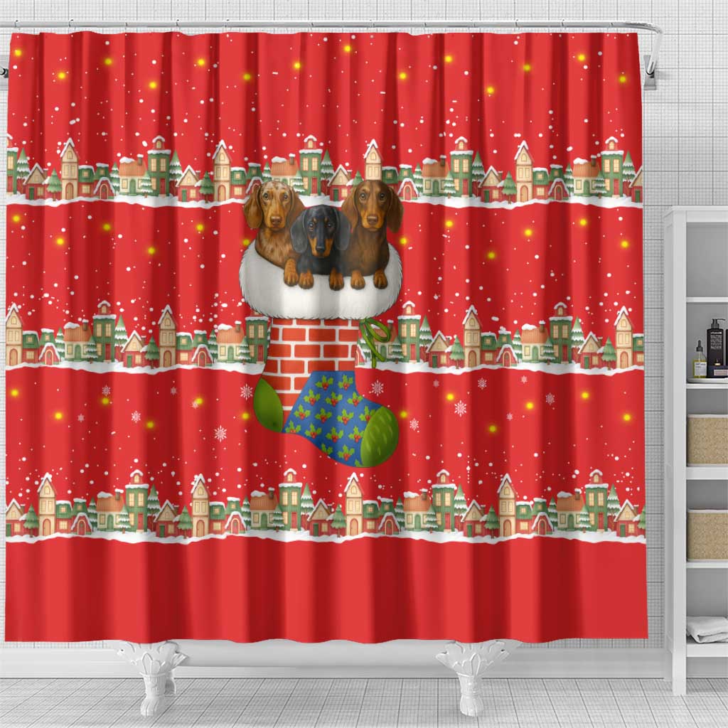 Funny Dachshund Dog Light Up Christmas Shower Curtain Snowy Village Red Holiday Design - Wonder Print Shop