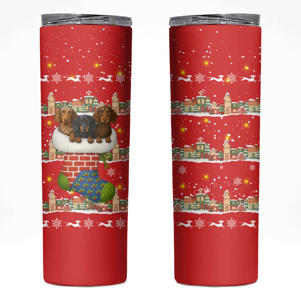 Funny Dachshund Dog Light Up Christmas Skinny Tumbler Snowy Village Red Holiday Design - Wonder Print Shop