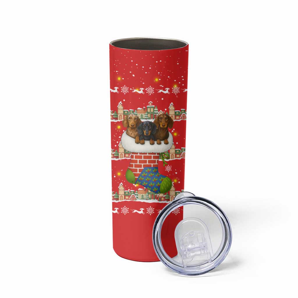 Funny Dachshund Dog Light Up Christmas Skinny Tumbler Snowy Village Red Holiday Design - Wonder Print Shop