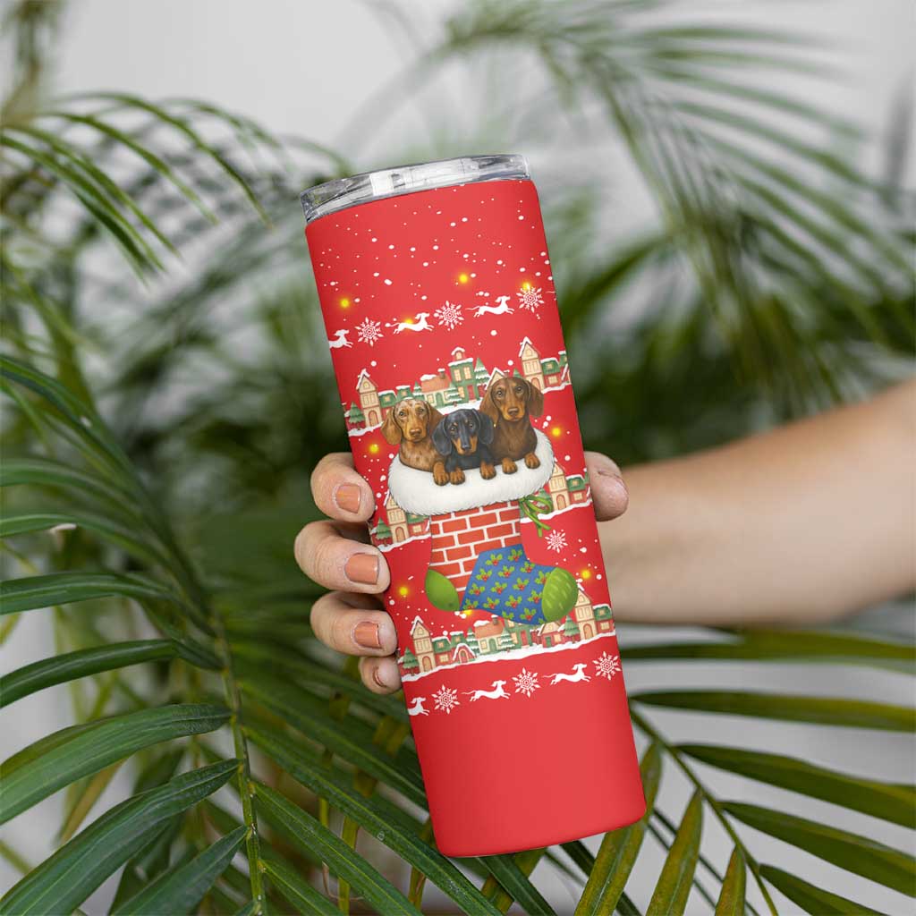 Funny Dachshund Dog Light Up Christmas Skinny Tumbler Snowy Village Red Holiday Design - Wonder Print Shop