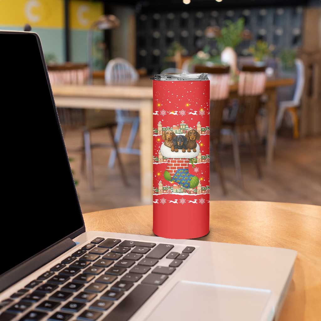 Funny Dachshund Dog Light Up Christmas Skinny Tumbler Snowy Village Red Holiday Design - Wonder Print Shop