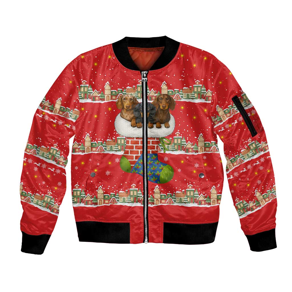 Funny Dachshund Dog Light Up Christmas Sleeve Zip Bomber Jacket Snowy Village Red Holiday Design - Wonder Print Shop