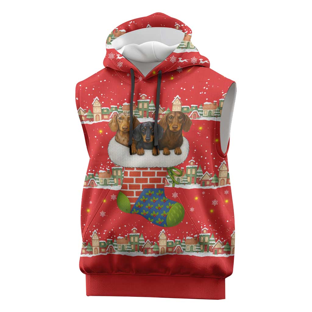Funny Dachshund Dog Light Up Christmas Sleeveless Hoodie Snowy Village Red Holiday Design - Wonder Print Shop
