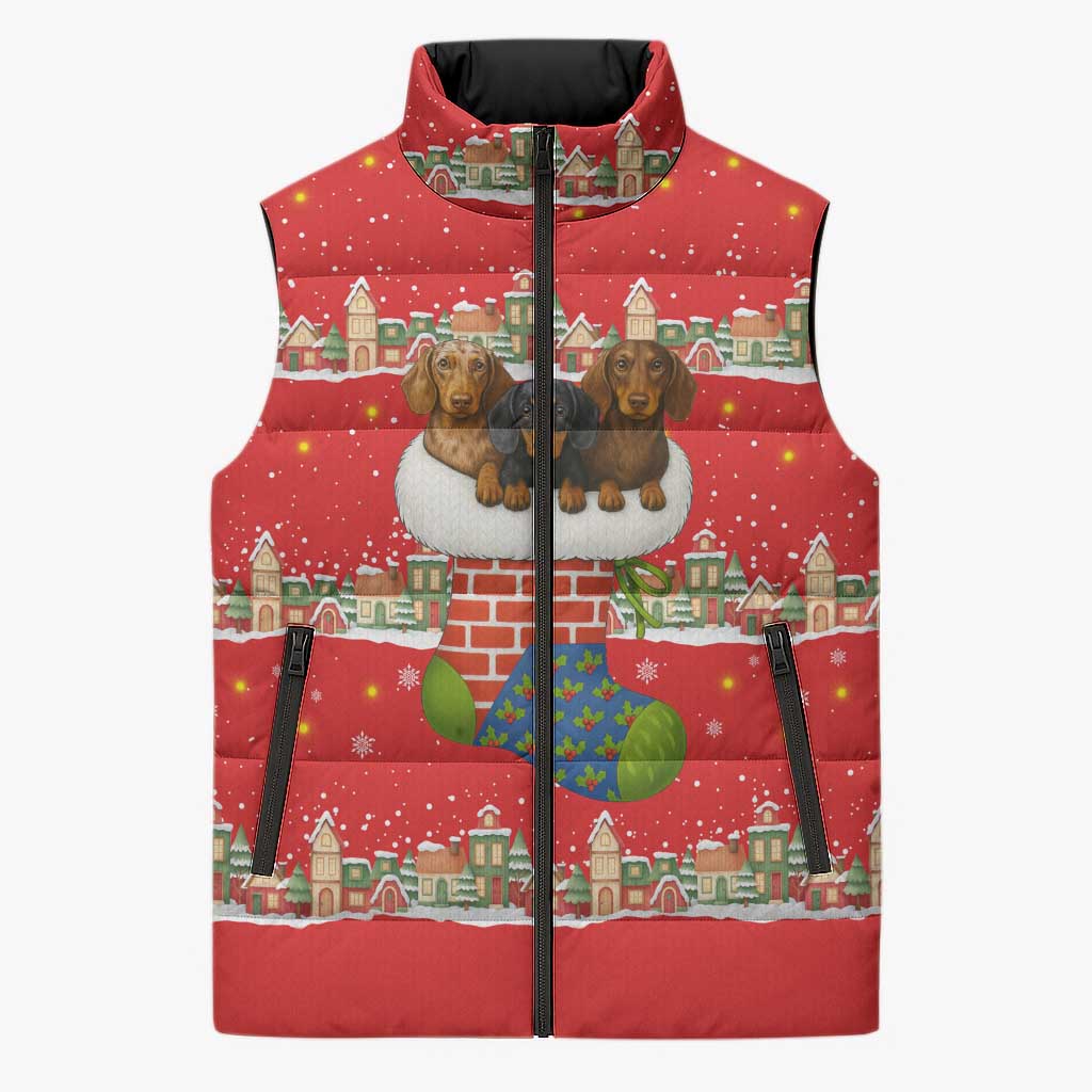 Funny Dachshund Dog Light Up Christmas Sleeveless Puffer Jacket Snowy Village Red Holiday Design - Wonder Print Shop