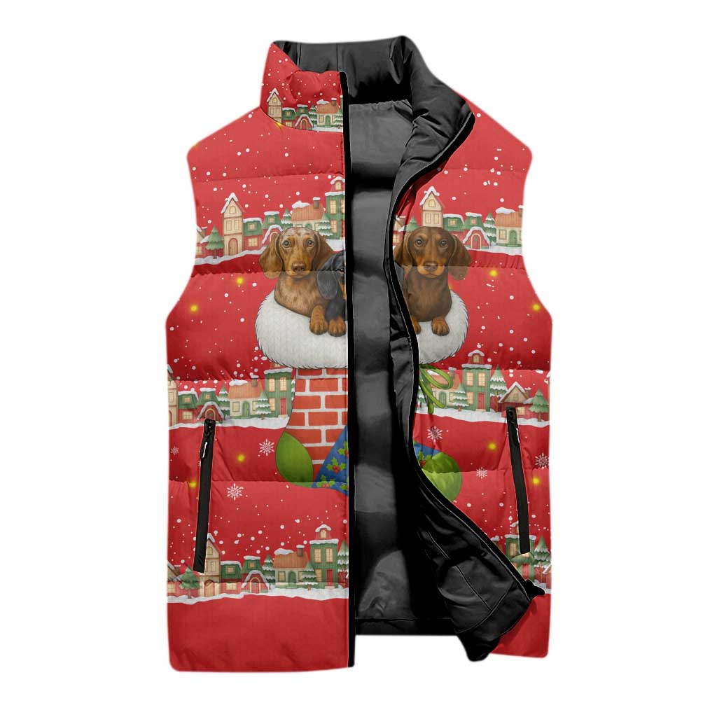 Funny Dachshund Dog Light Up Christmas Sleeveless Puffer Jacket Snowy Village Red Holiday Design - Wonder Print Shop