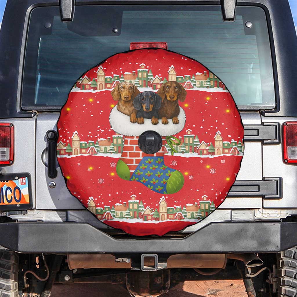 Funny Dachshund Dog Light Up Christmas Spare Tire Cover Snowy Village Red Holiday Design - Wonder Print Shop