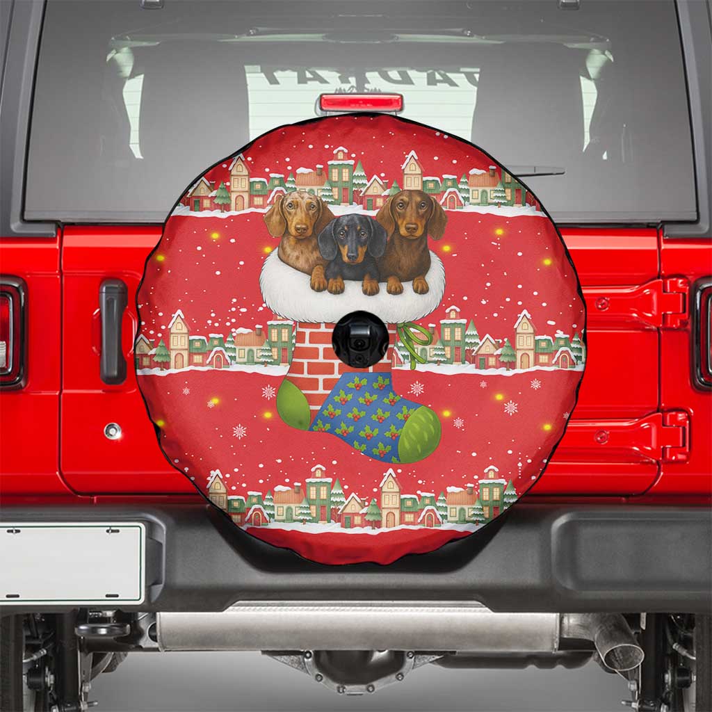 Funny Dachshund Dog Light Up Christmas Spare Tire Cover Snowy Village Red Holiday Design - Wonder Print Shop