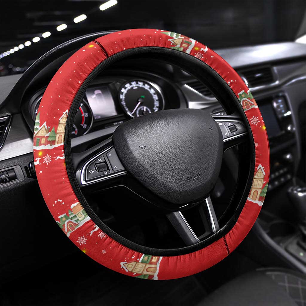 Funny Dachshund Dog Light Up Christmas Steering Wheel Cover Snowy Village Red Holiday Design - Wonder Print Shop