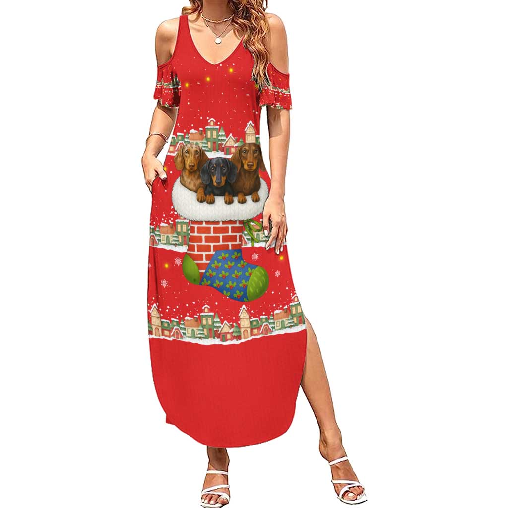 Funny Dachshund Dog Light Up Christmas Summer Maxi Dress Snowy Village Red Holiday Design - Wonder Print Shop