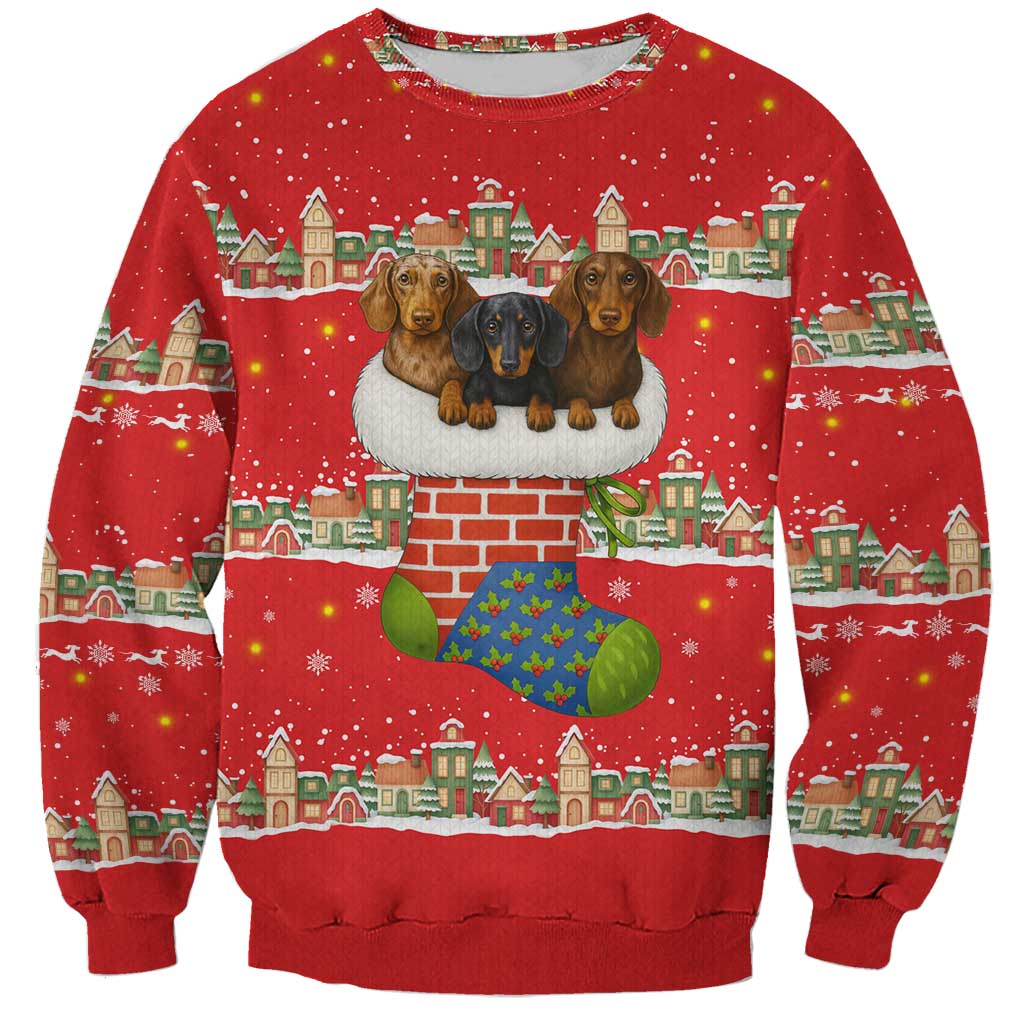 Funny Dachshund Dog Light Up Christmas Sweatshirt Snowy Village Red Holiday Design - Wonder Print Shop