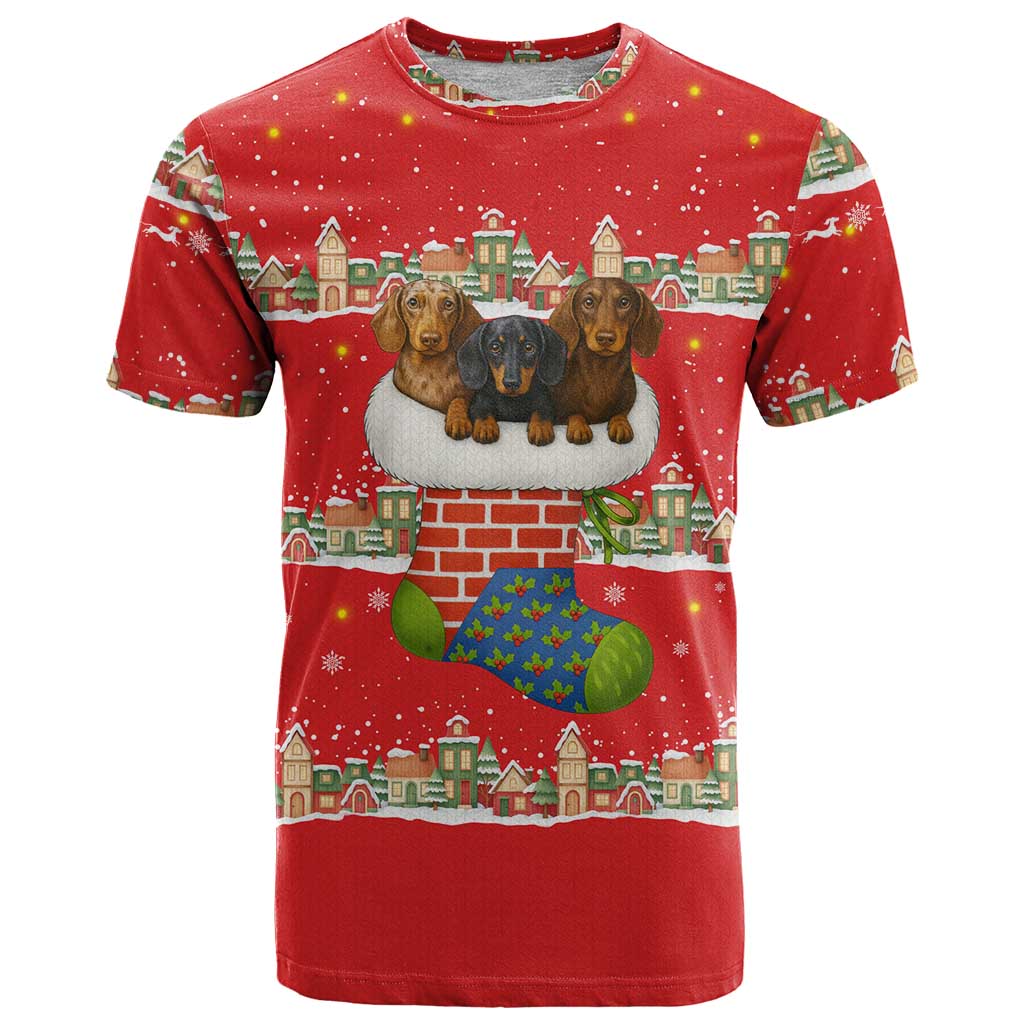 Funny Dachshund Dog Light Up Christmas T Shirt Snowy Village Red Holiday Design - Wonder Print Shop