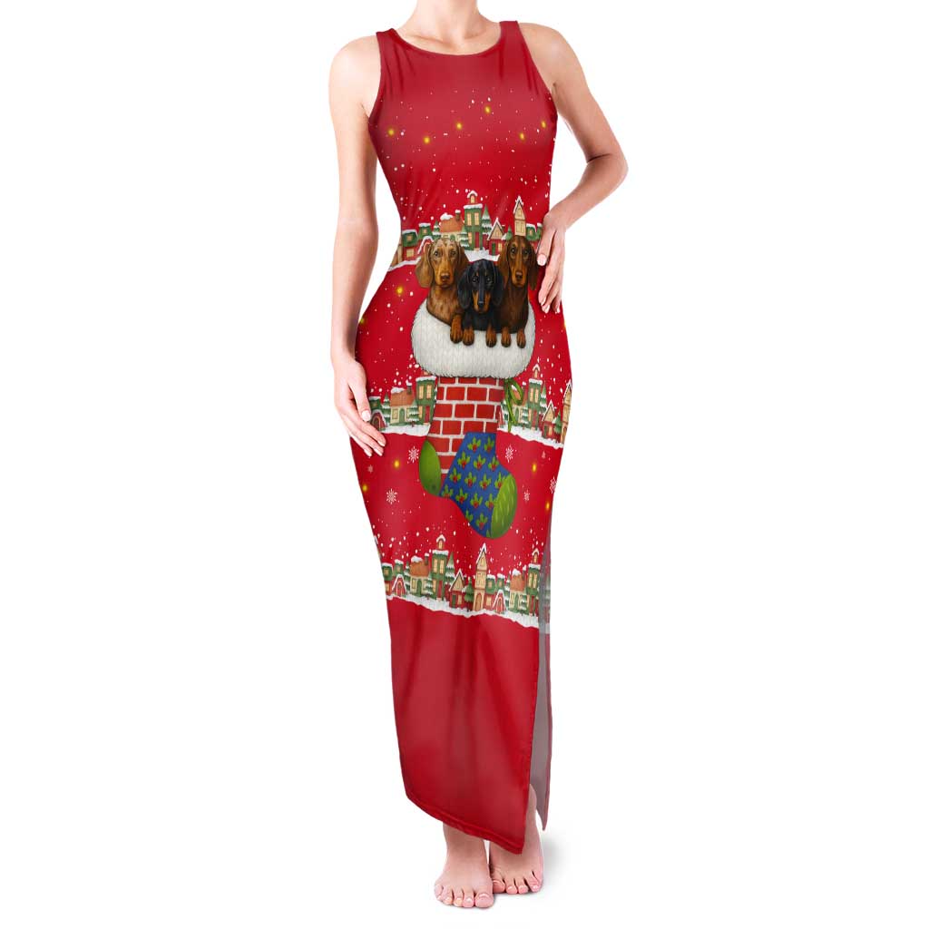 Funny Dachshund Dog Light Up Christmas Tank Maxi Dress Snowy Village Red Holiday Design - Wonder Print Shop