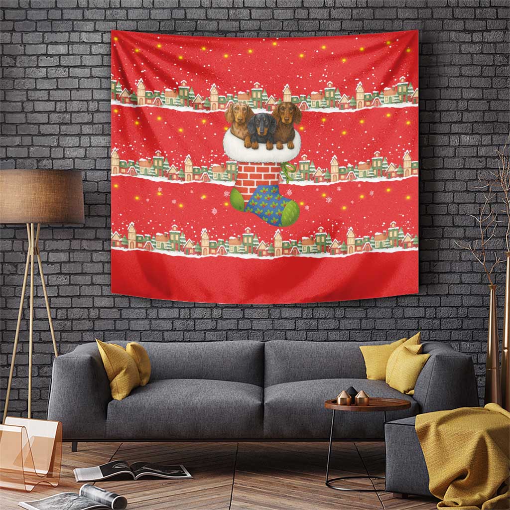 Funny Dachshund Dog Light Up Christmas Tapestry Snowy Village Red Holiday Design - Wonder Print Shop