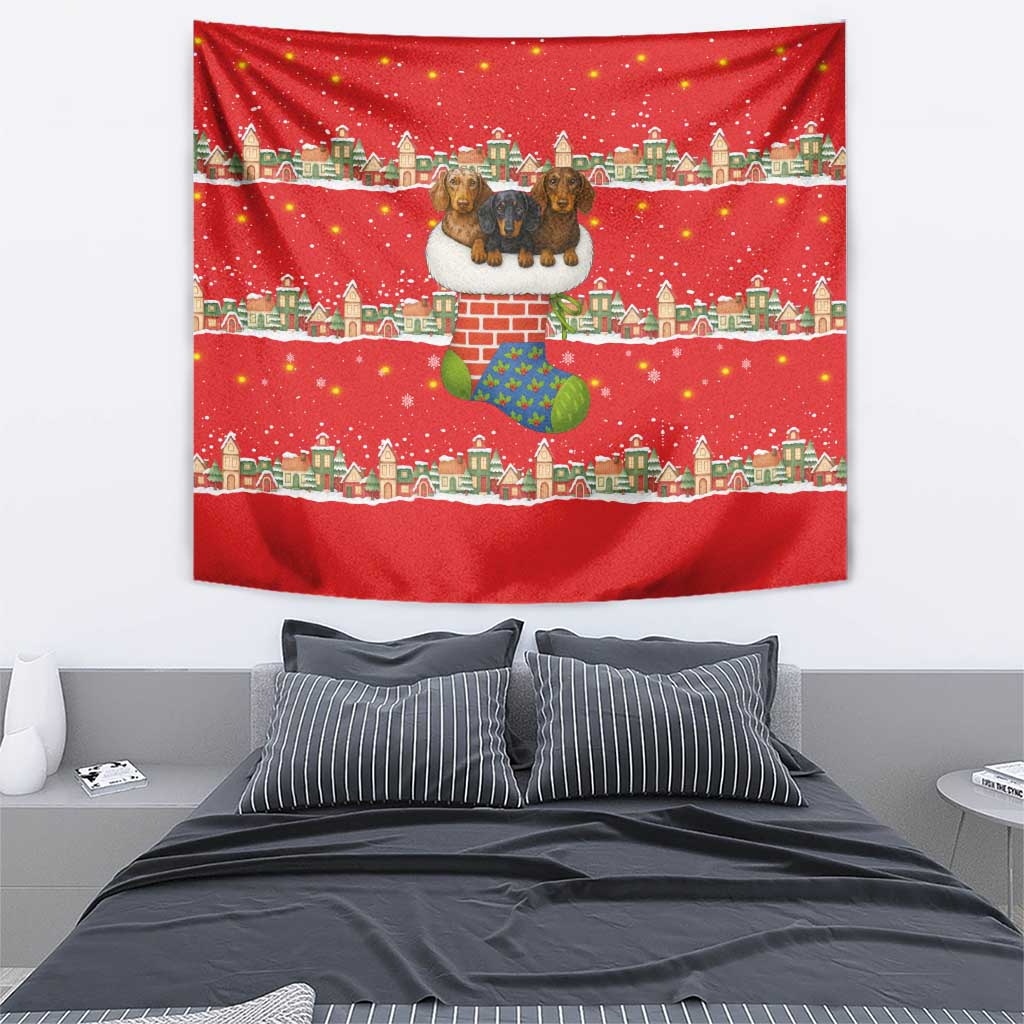Funny Dachshund Dog Light Up Christmas Tapestry Snowy Village Red Holiday Design - Wonder Print Shop