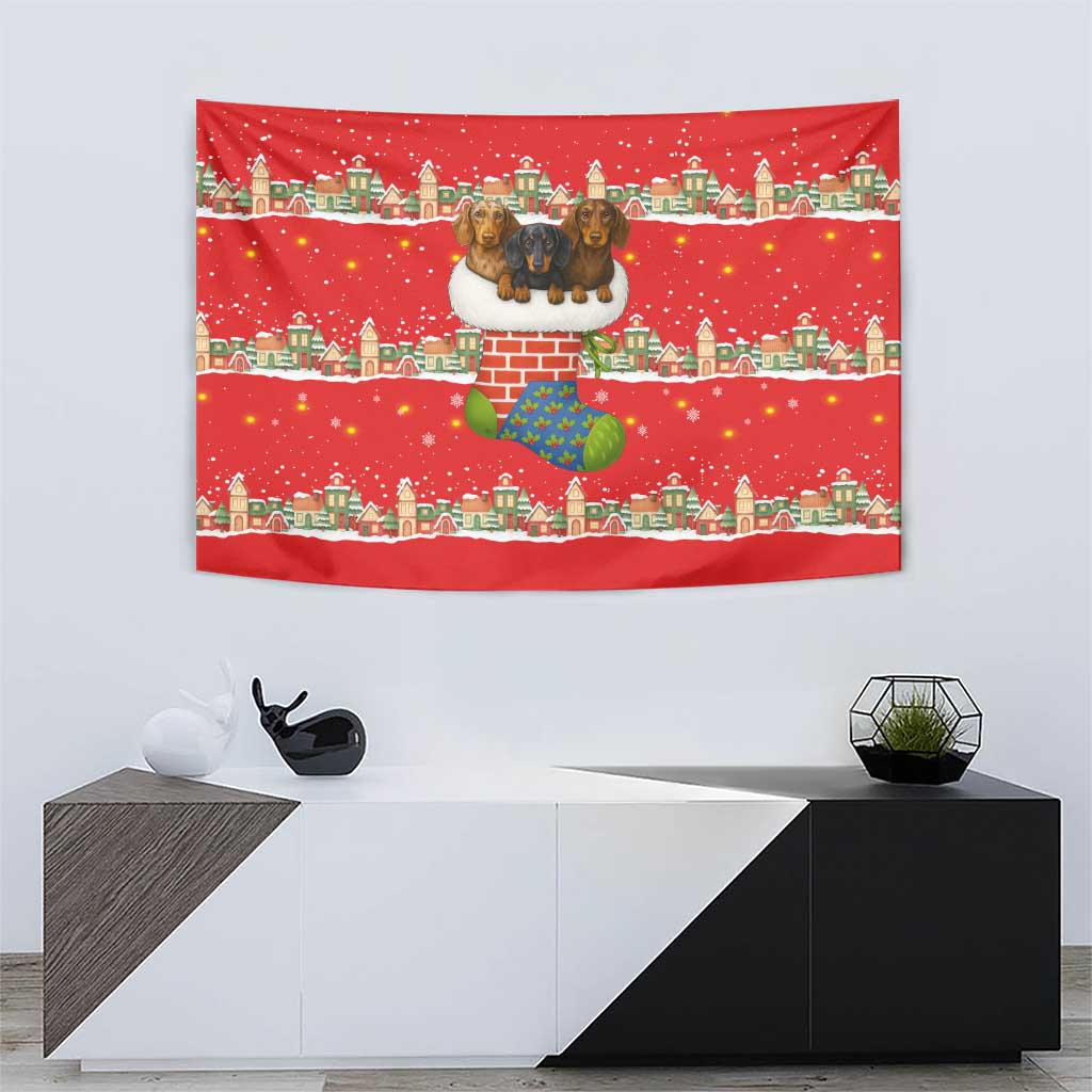 Funny Dachshund Dog Light Up Christmas Tapestry Snowy Village Red Holiday Design - Wonder Print Shop