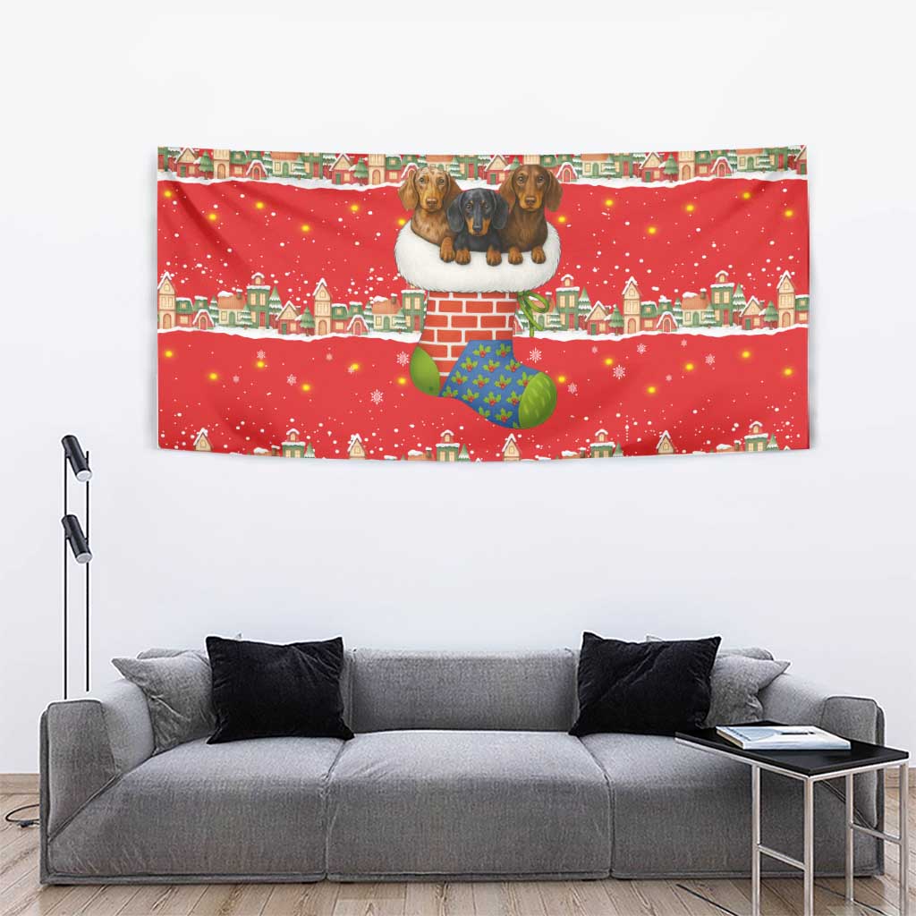 Funny Dachshund Dog Light Up Christmas Tapestry Snowy Village Red Holiday Design - Wonder Print Shop